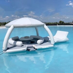 White inflatable floating lounge with a canopy and circular seating area