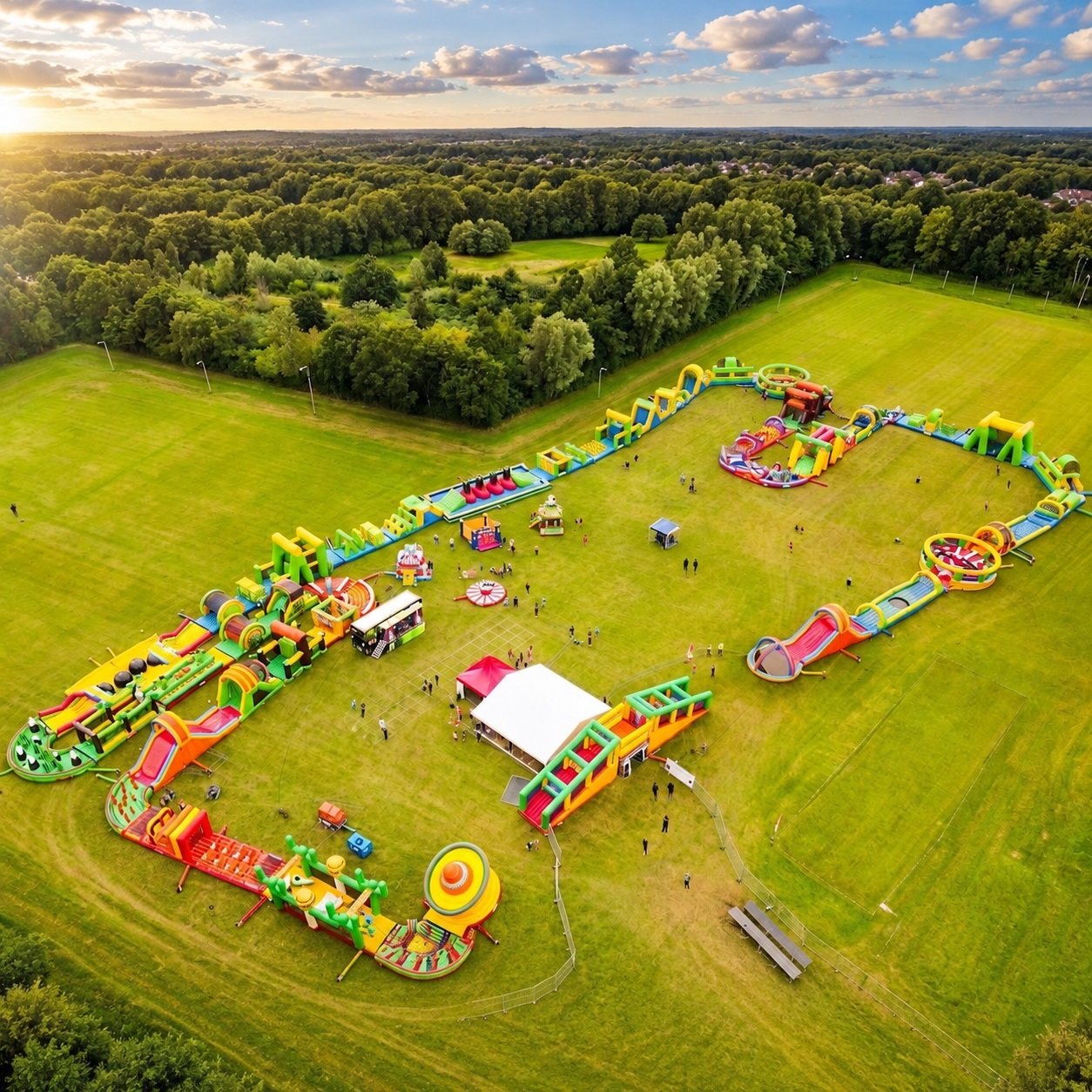 Aerial view of a long colorful inflatable obstacle course around a grass field