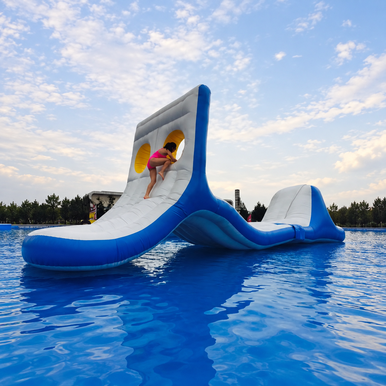Blue and white floating inflatable climbing wall with circular openings