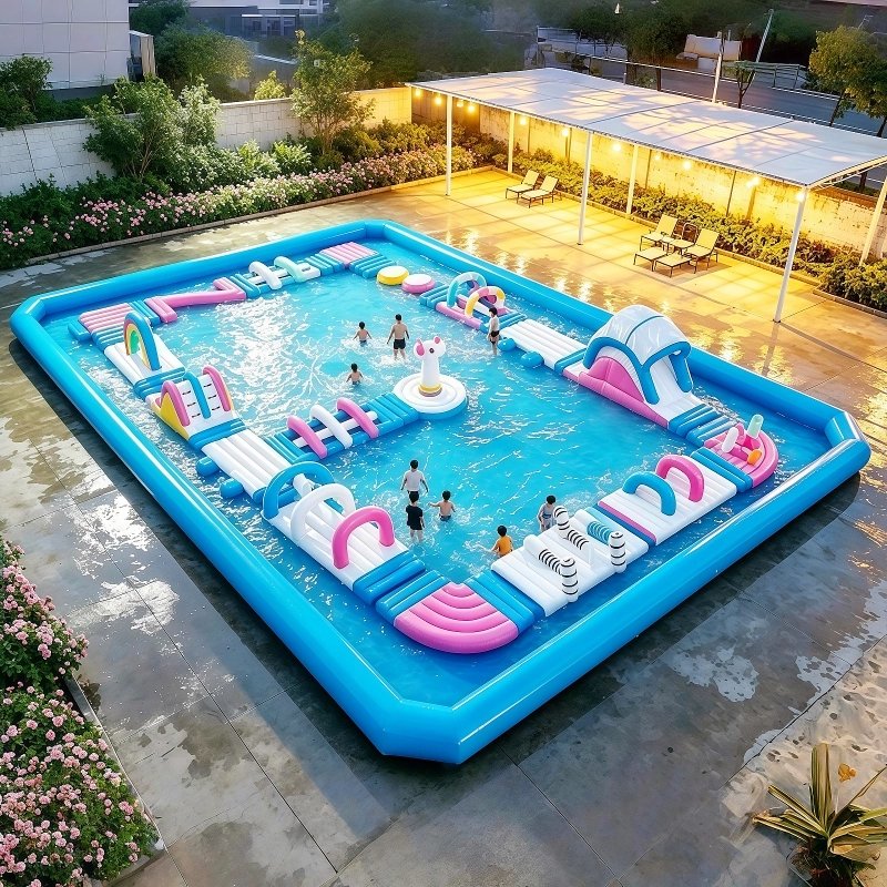 Blue rectangular inflatable pool with pastel climbing obstacles