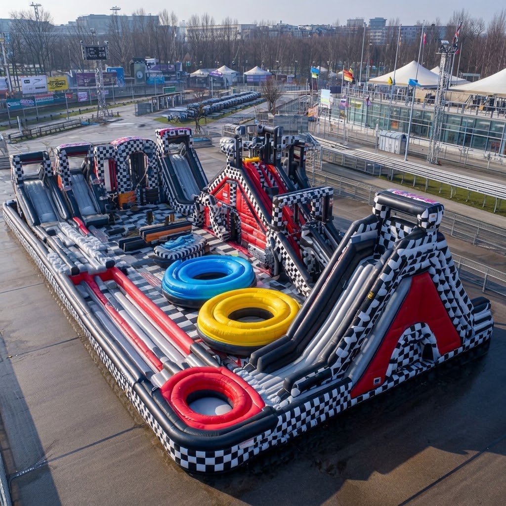 Racing-themed inflatable obstacle park with checkered walls and circular obstacles