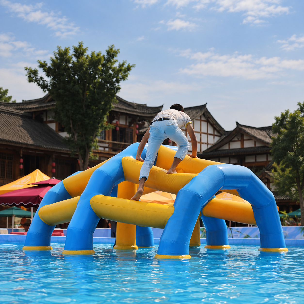 Blue and yellow inflatable climbing frame in a swimming pool