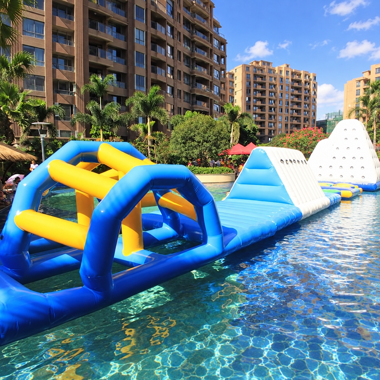 Blue and yellow floating obstacle course with climbing frames and ramps