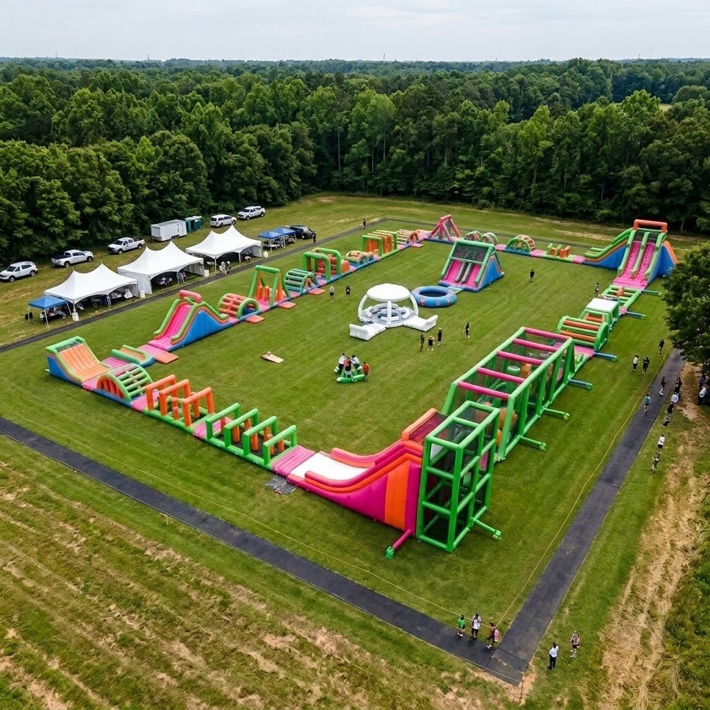 Long green and pink inflatable obstacle course around a grass field