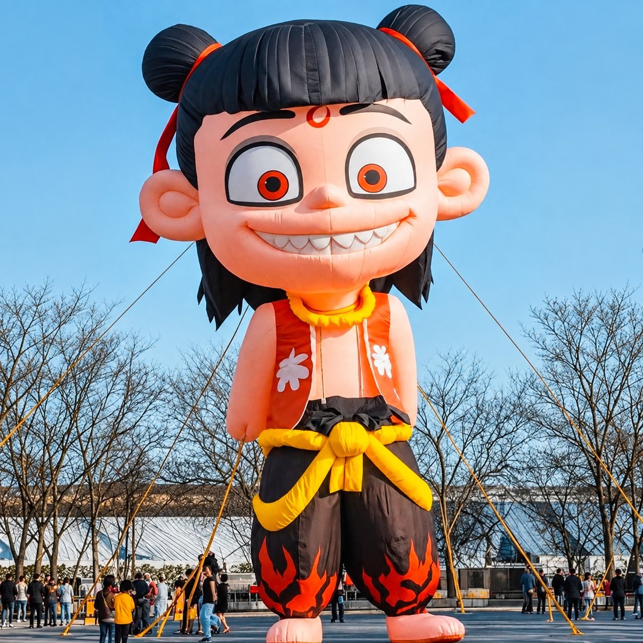 Inflatable cartoon character with hair buns, a red vest, and flame-patterned pants