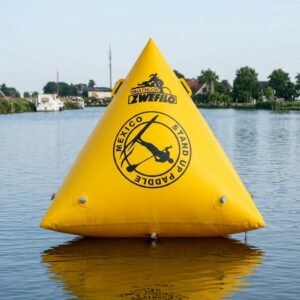 Yellow triangular inflatable marker buoy with printed event logos