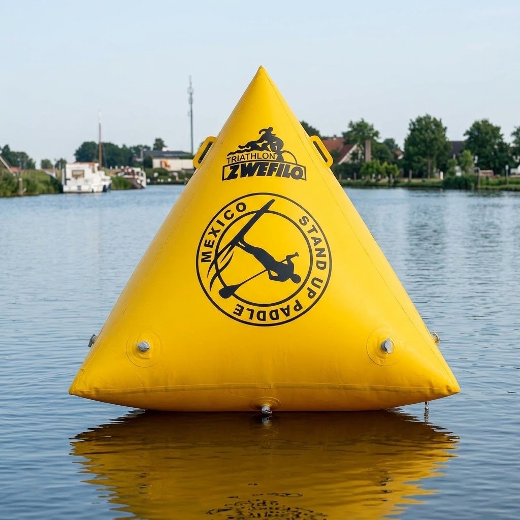 Yellow triangular inflatable marker buoy with printed event logos