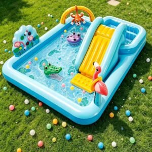Illustration of a blue inflatable play pool with a yellow slide and rainbow arch