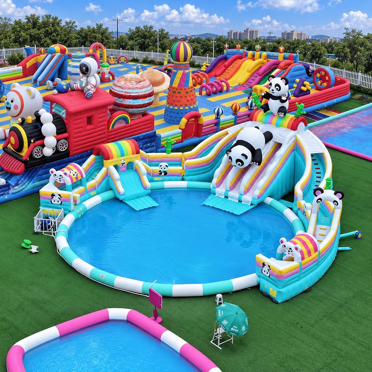 Panda-themed inflatable pool and slide beside colorful play structures