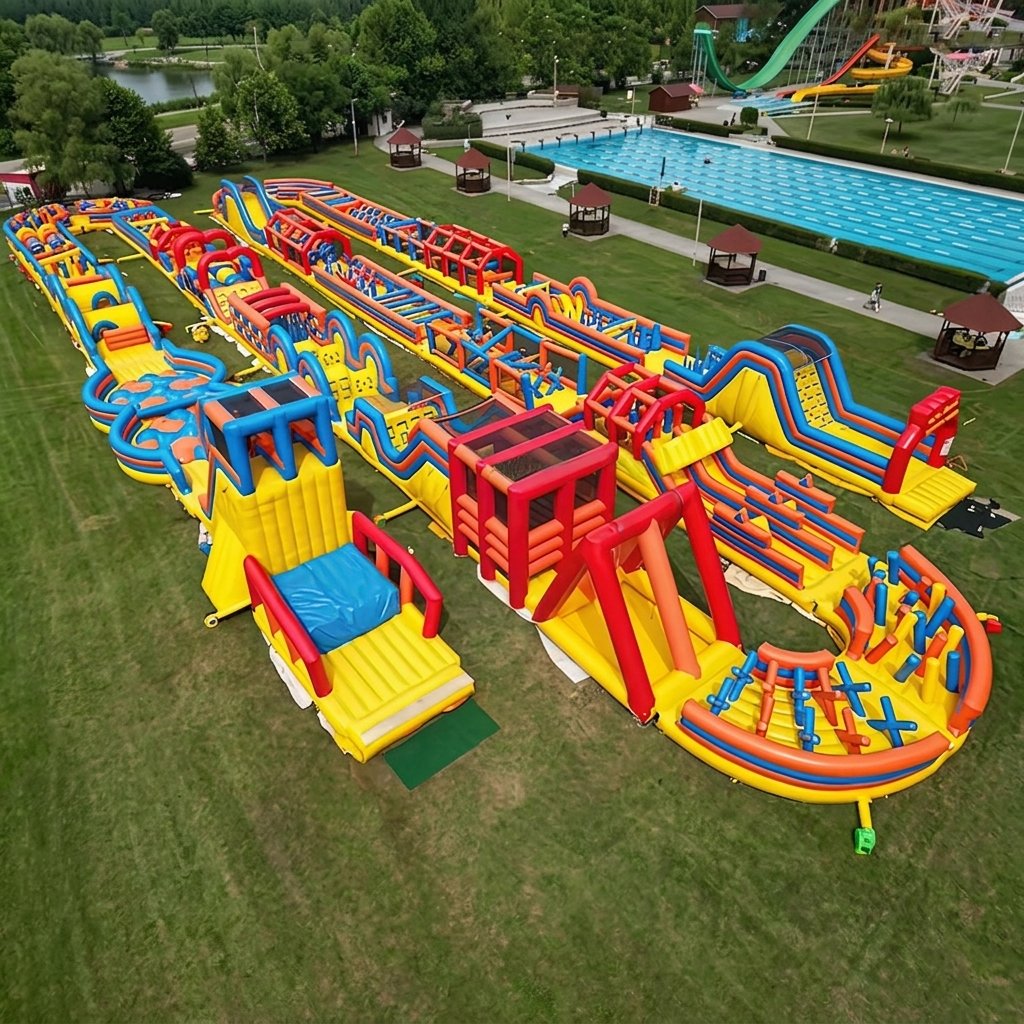 Aerial view of parallel multicolored inflatable obstacle courses
