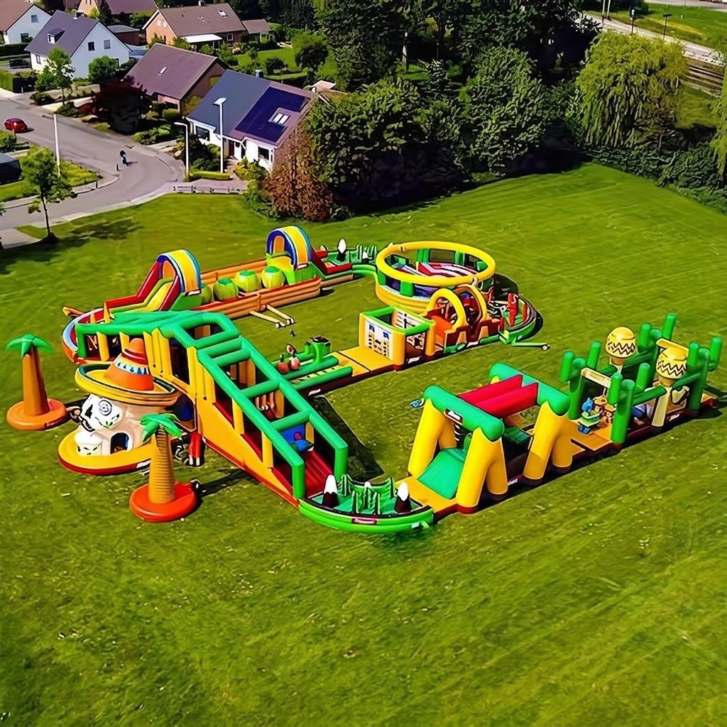 Green, yellow, and orange inflatable obstacle course on a lawn