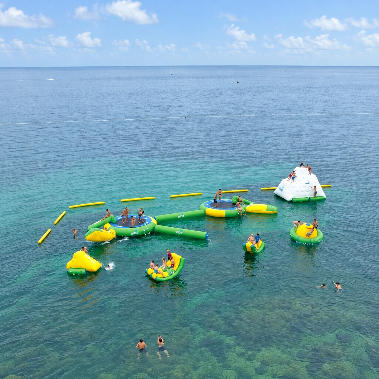 Small green and yellow floating inflatable play structures in clear coastal water