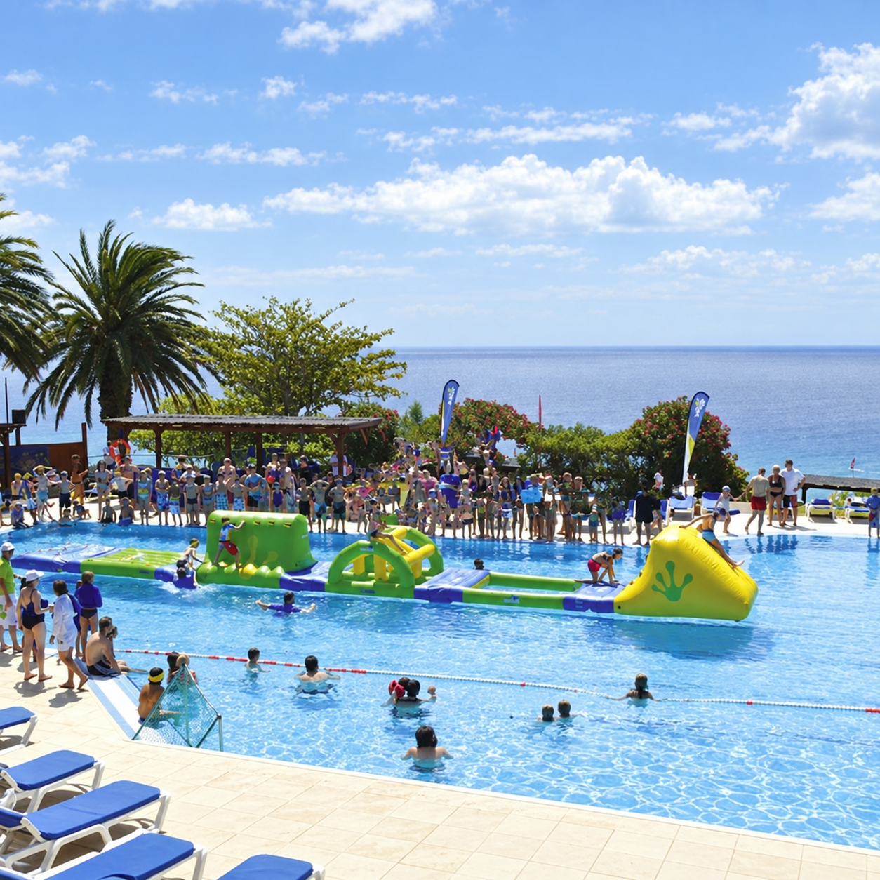 Green and yellow inflatable obstacles across an outdoor swimming pool