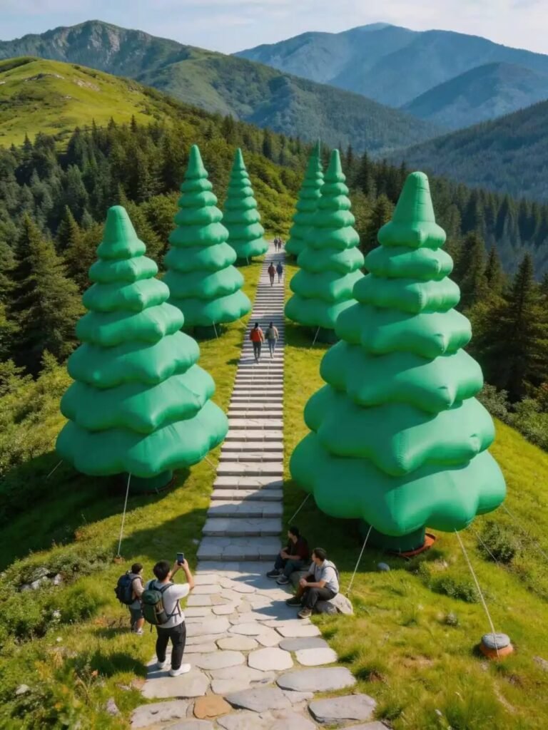 Green inflatable pine trees lining a mountain walkway