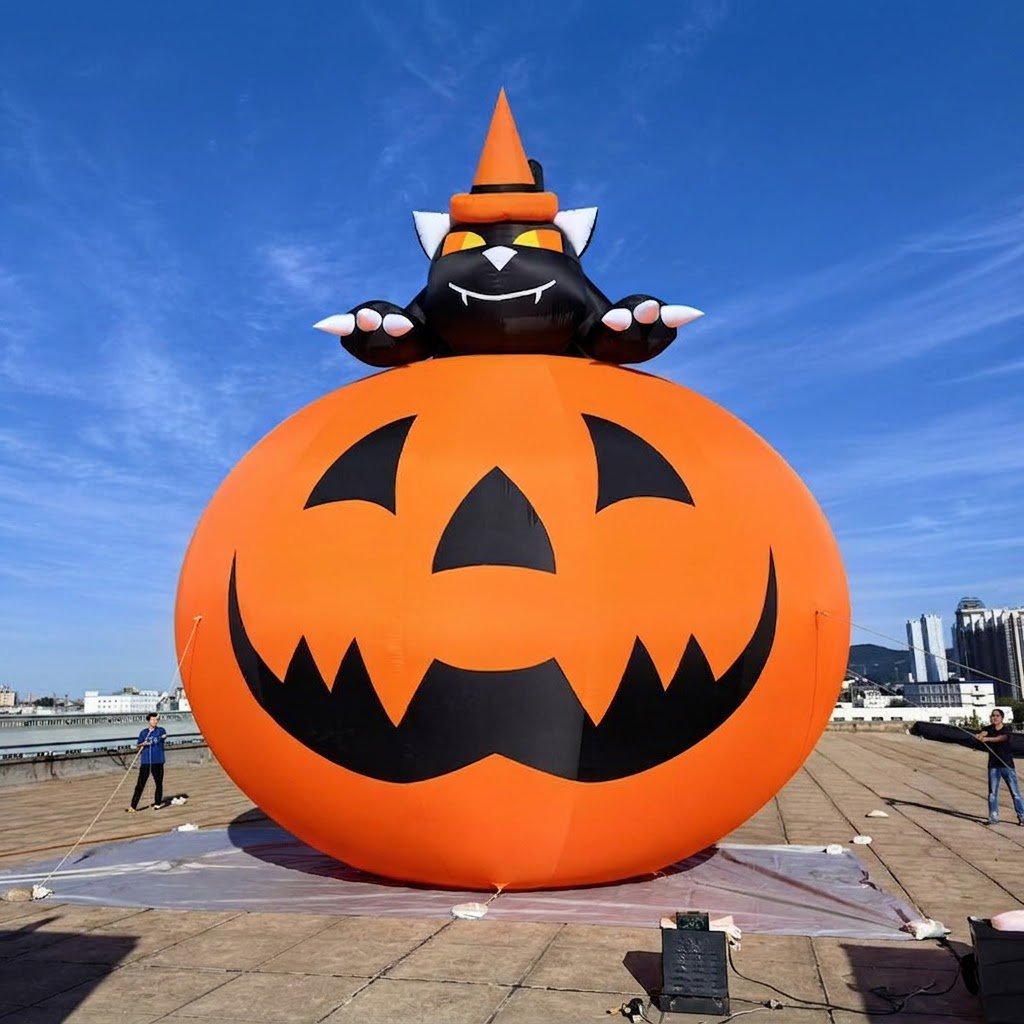 Giant inflatable jack-o'-lantern topped with a black cat in a witch hat