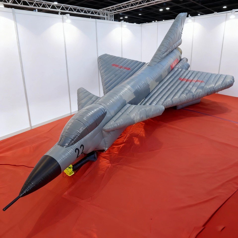 Gray inflatable jet model with a pointed black nose displayed indoors