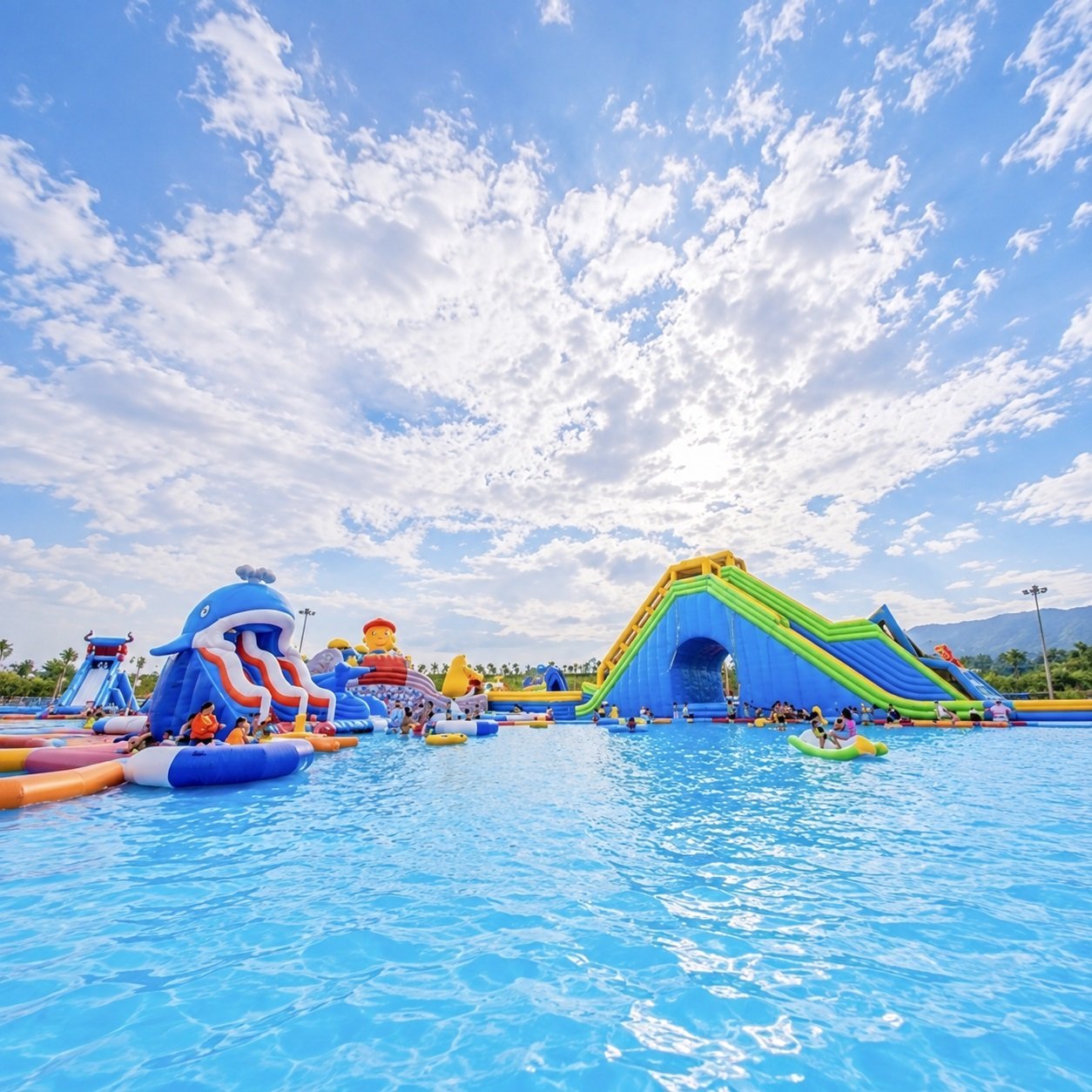 Large inflatable pool with colorful water slides under a blue sky