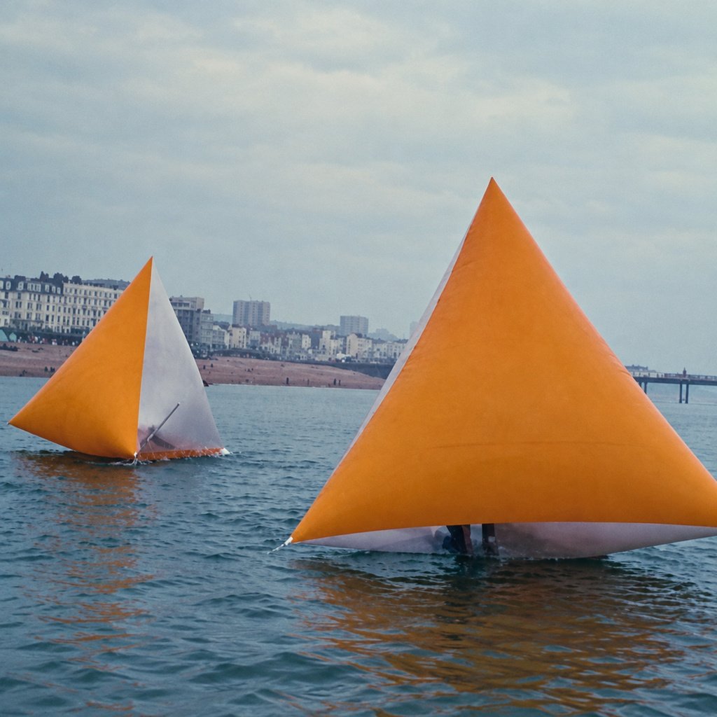 Orange triangular inflatable marker buoys on the water