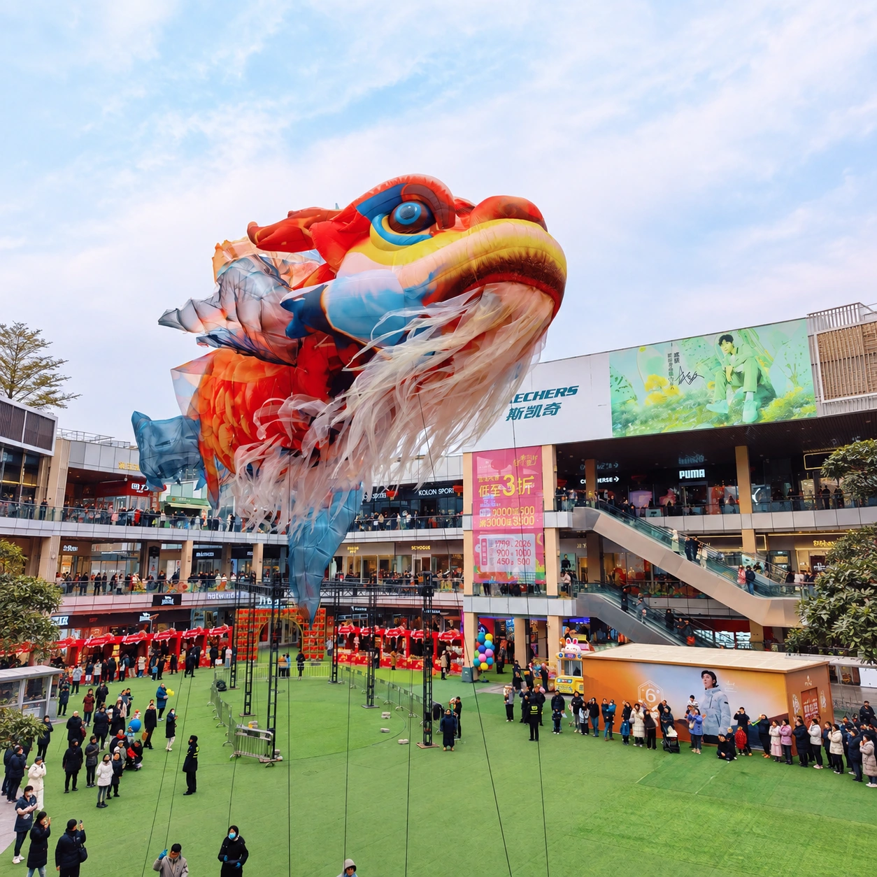 Giant colorful dragon inflatable suspended above a shopping plaza