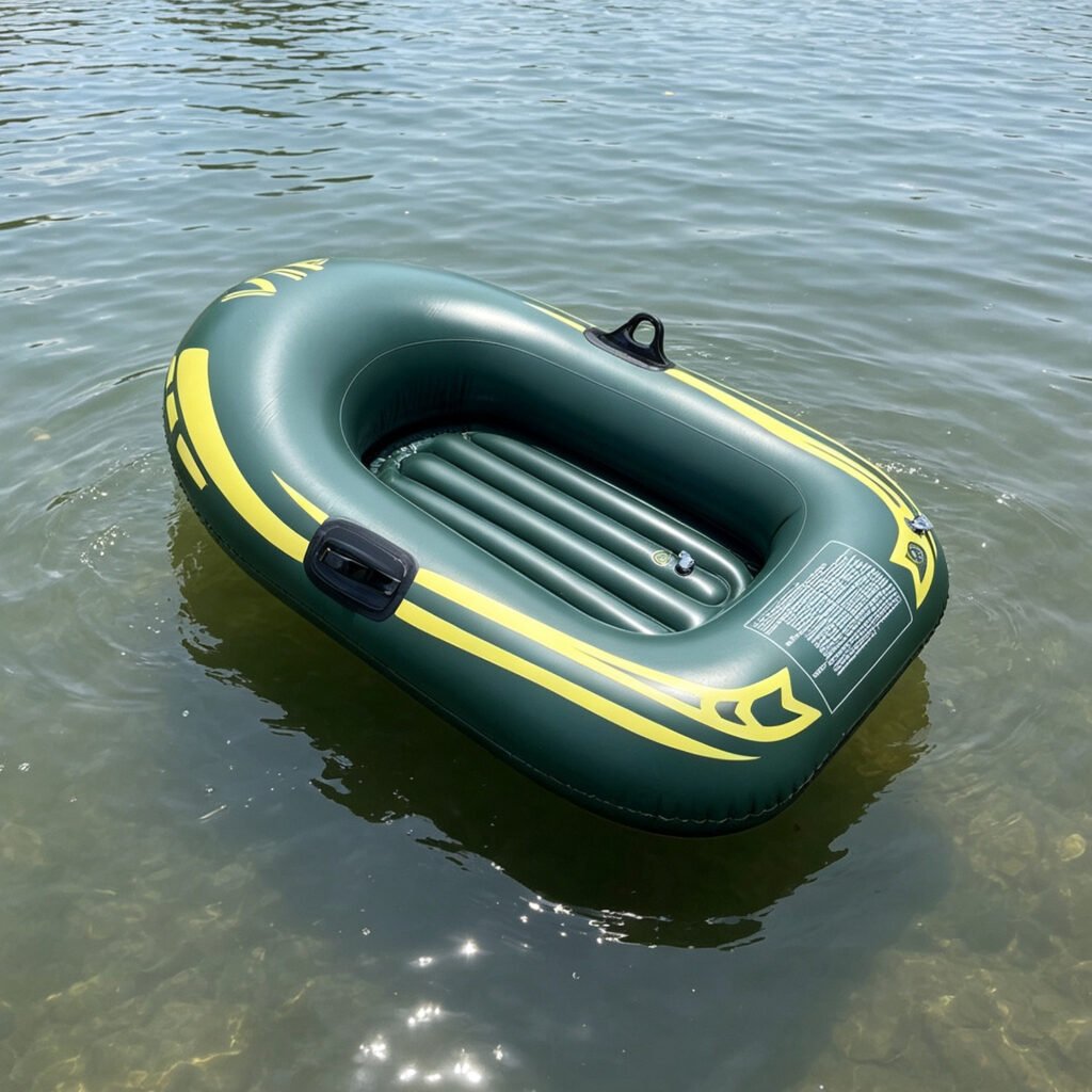 Dark green inflatable boat with yellow accents floating on water