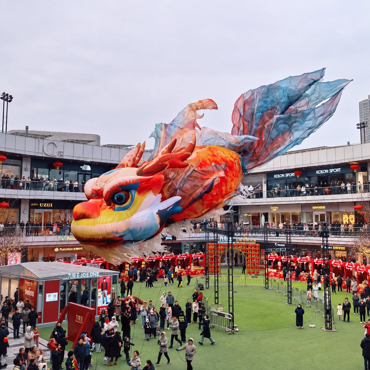 Colorful dragon inflatable with flowing fins suspended over a plaza