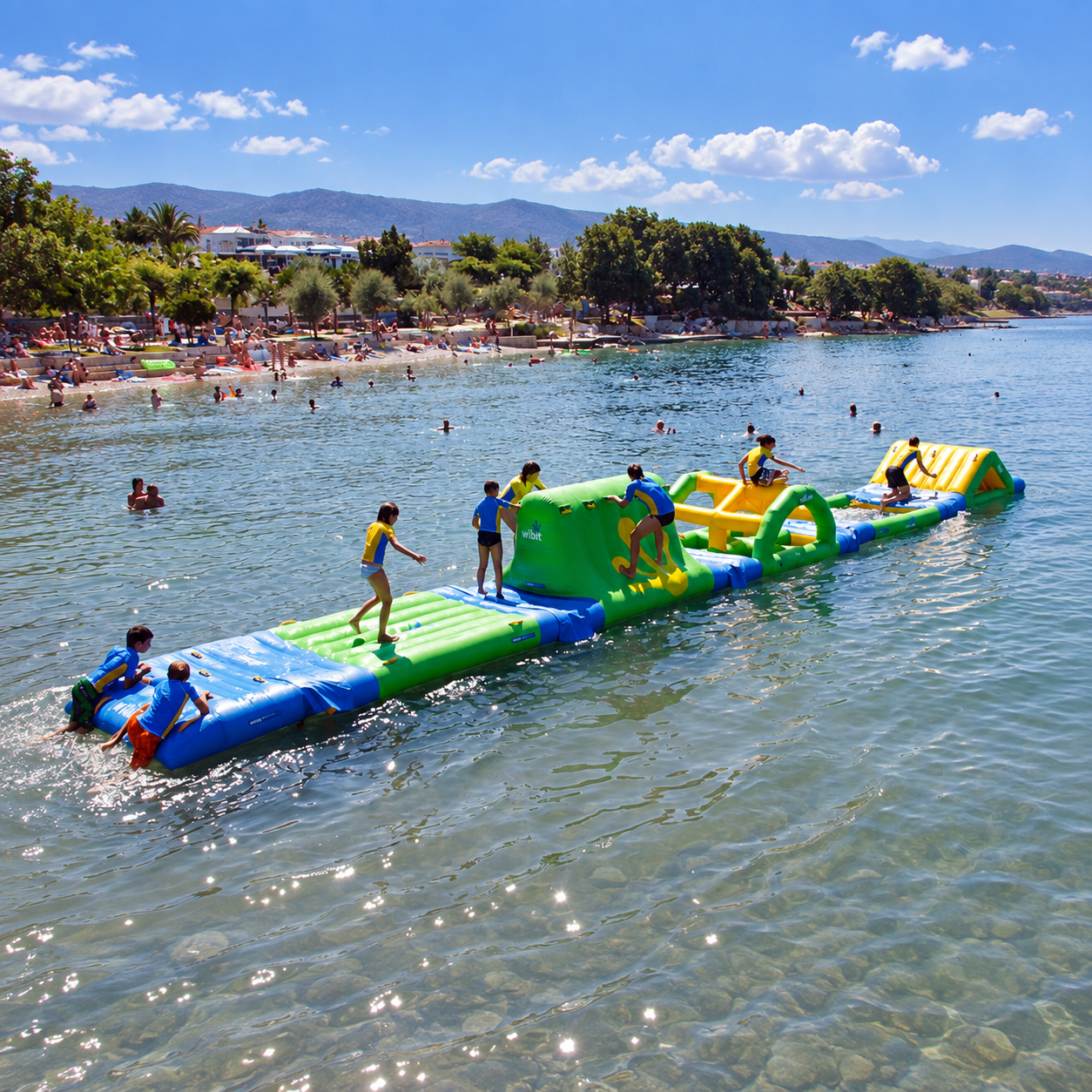 Floating inflatable obstacle path with green, blue, and yellow sections