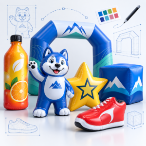 Illustrated custom inflatables including an arch, mascot, bottle, shoe, and star