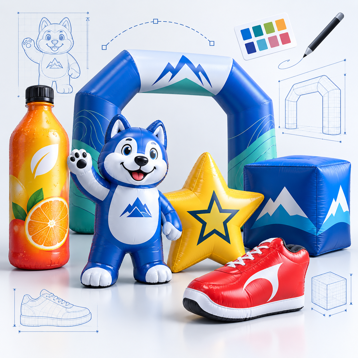 Illustrated custom inflatables including an arch, mascot, bottle, shoe, and star