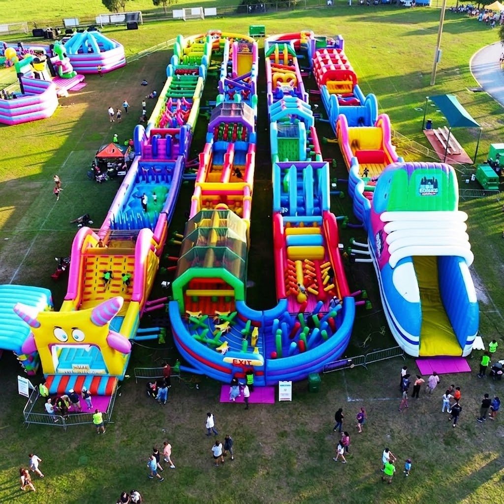 Aerial view of long colorful inflatable obstacle lanes and slides
