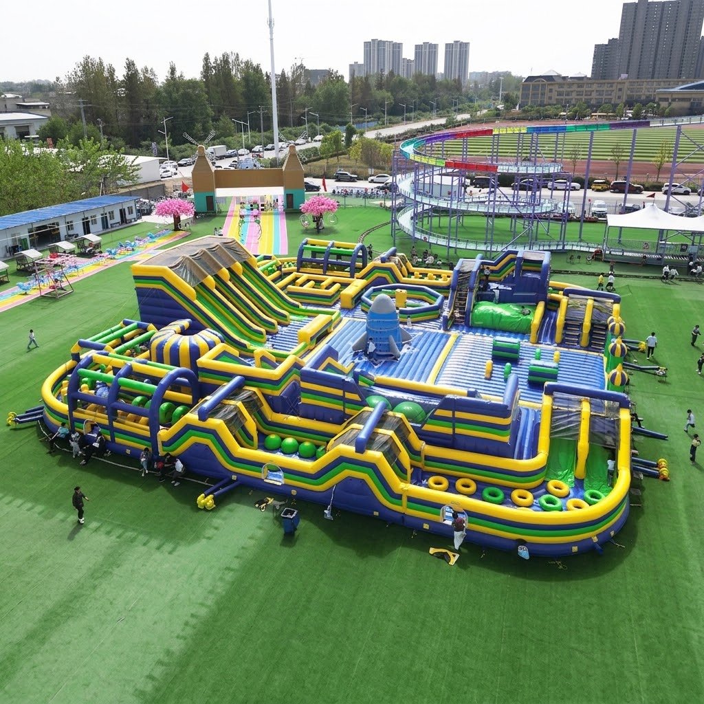 Blue and yellow inflatable obstacle park with multiple lanes and climbing walls