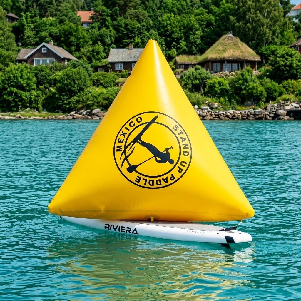 Yellow triangular inflatable marker buoy beside a paddleboard