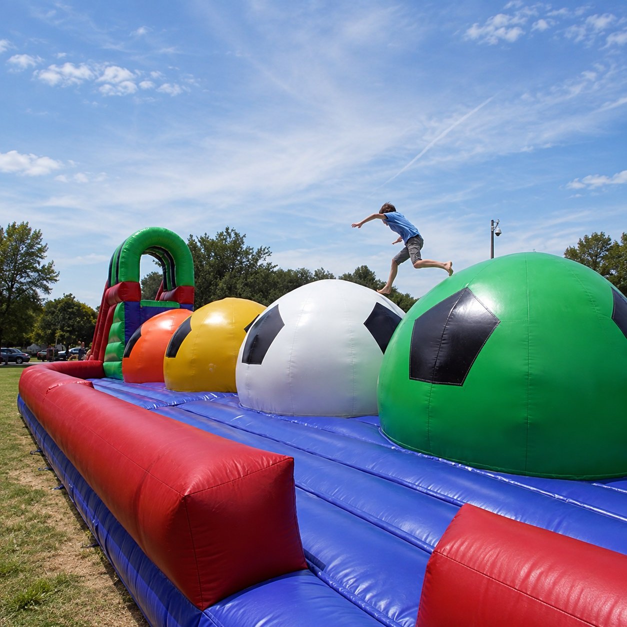 Person jumping across large inflatable ball obstacles