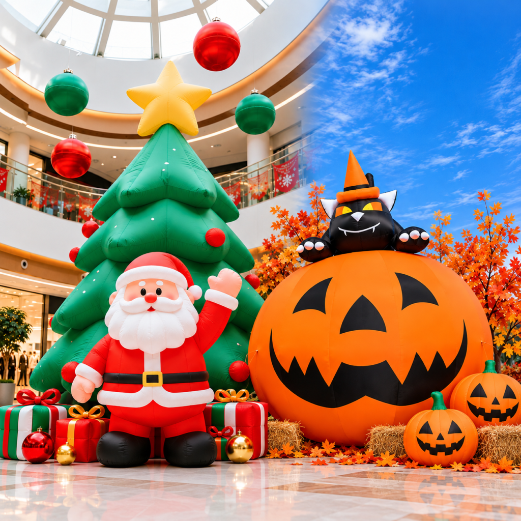 Collage of inflatable Christmas and Halloween decorations