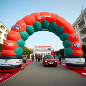 Red and green inflatable event arch spanning a street