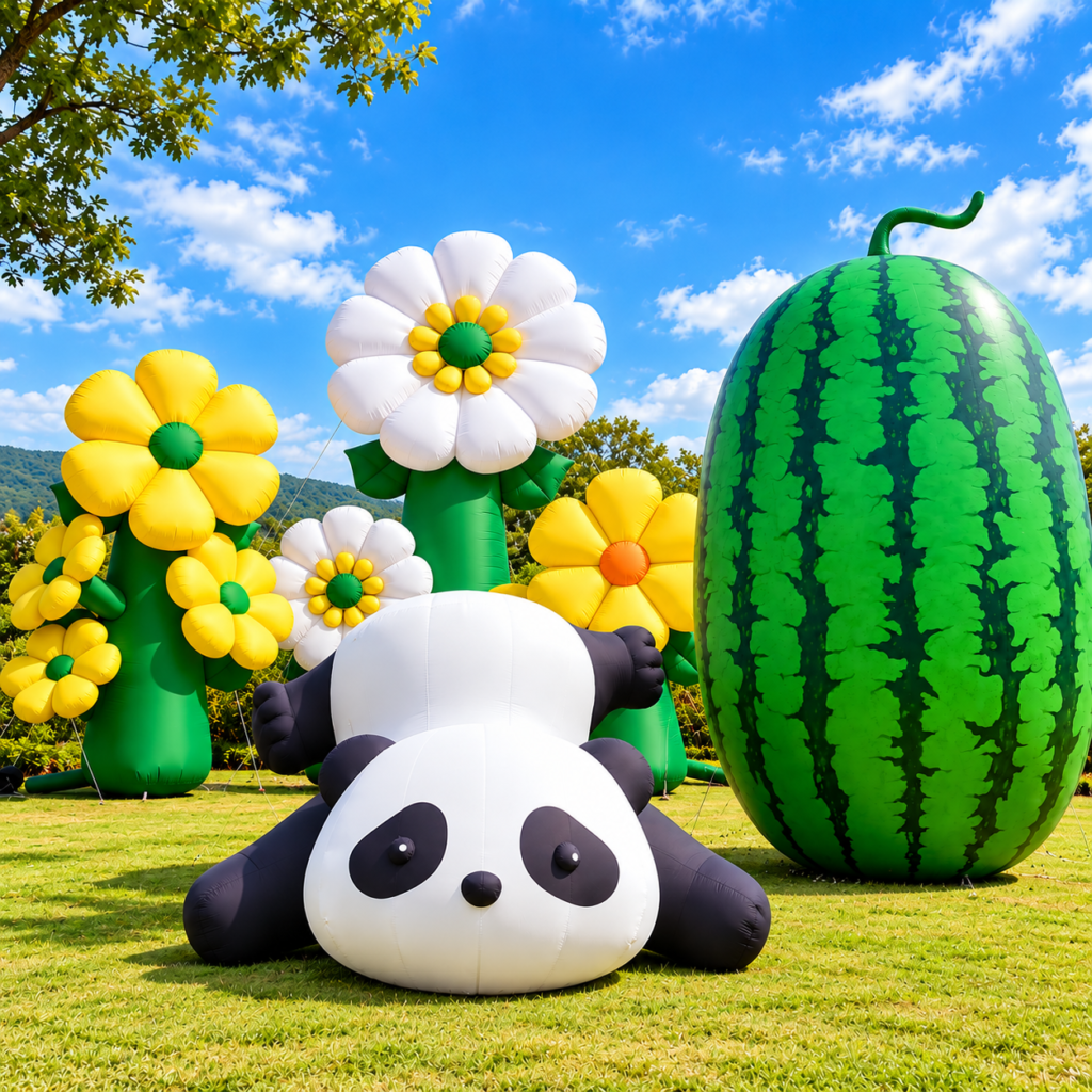 Illustrated inflatable panda, watermelon, and flower displays on grass