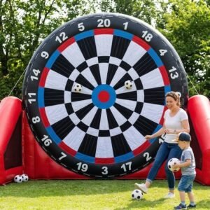 Giant inflatable soccer dartboard with red side supports