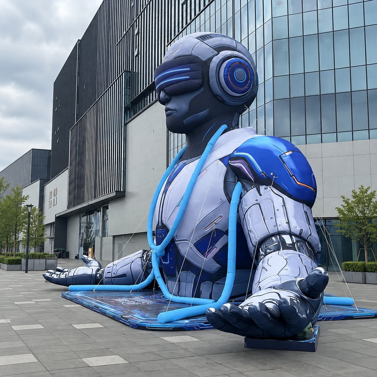 Giant blue and silver inflatable robot torso outside a building