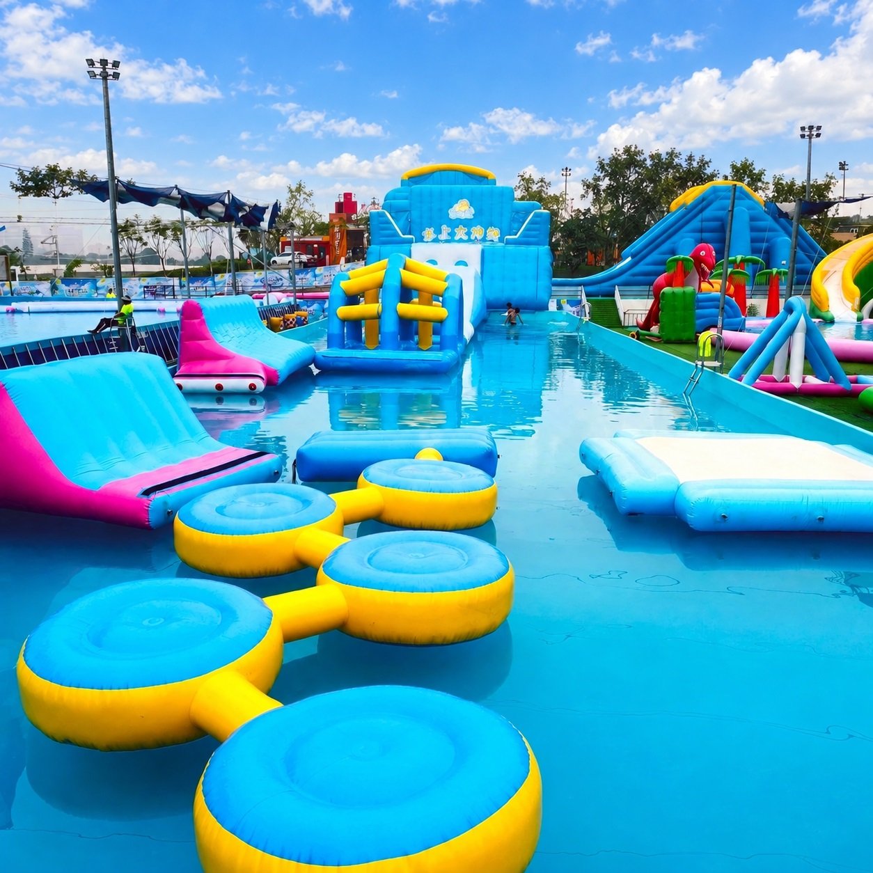 Inflatable water obstacle course with yellow stepping pads and blue slides