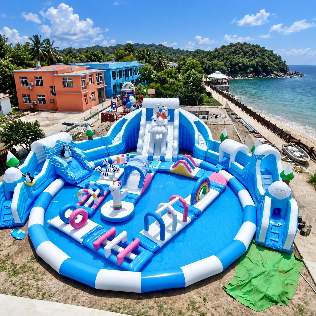 Blue and white inflatable water park with slides beside the coast