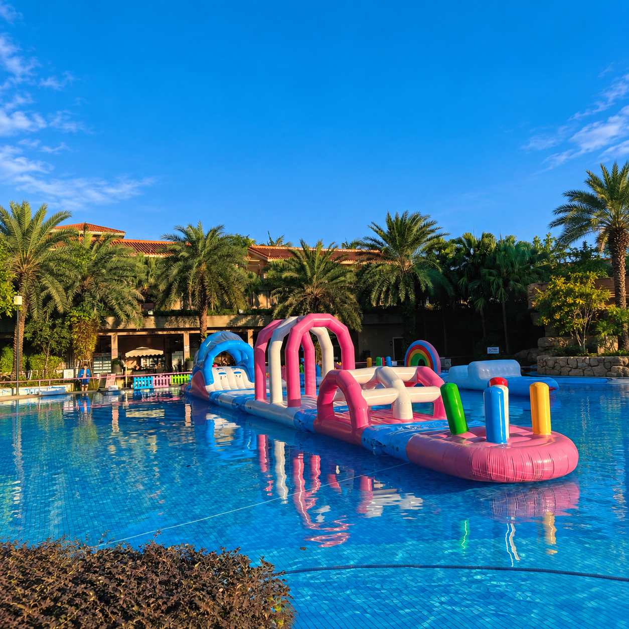 Pink and blue inflatable obstacle course in a resort pool