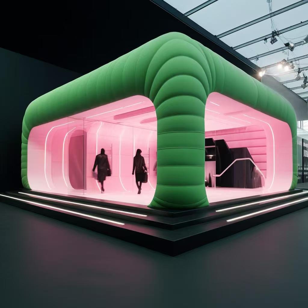 Illustration of a green inflatable exhibition booth with a pink interior