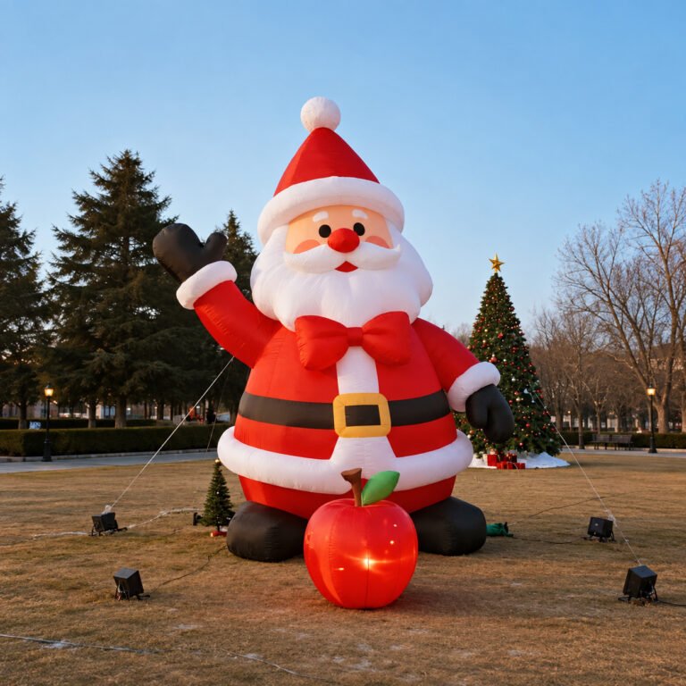 Waving inflatable Santa Claus with a red apple at his feet