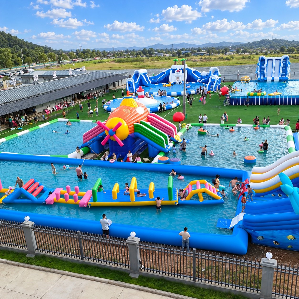Large inflatable water park with slides and floating play obstacles