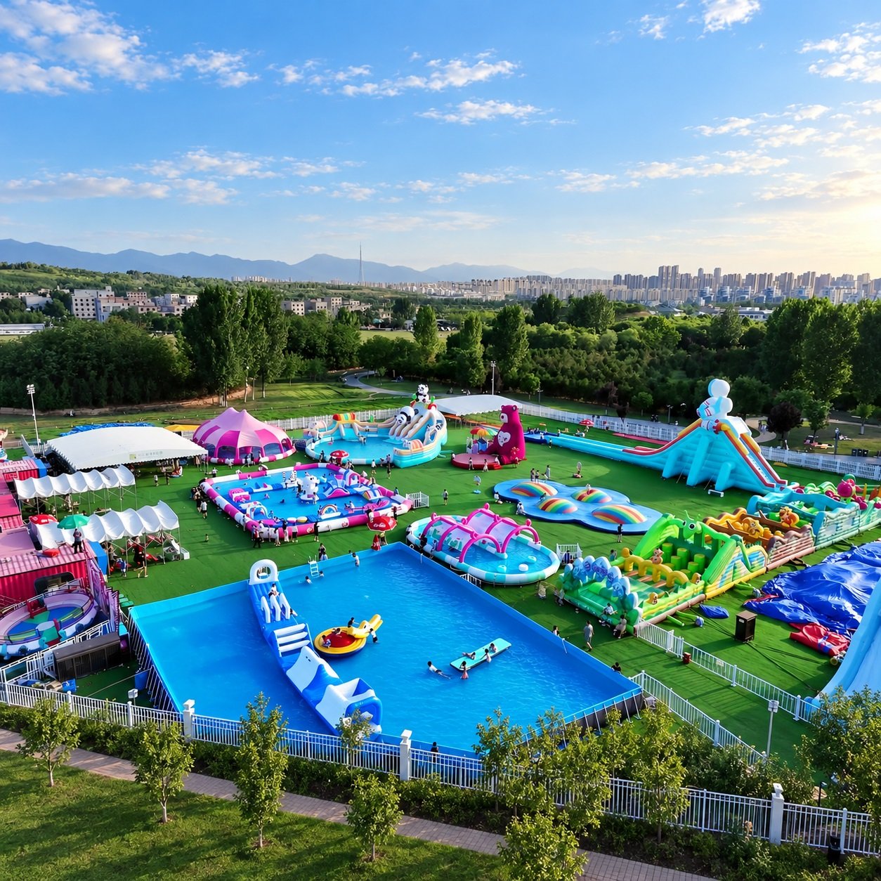 Aerial view of an inflatable water park with pools, slides, and colorful play structures