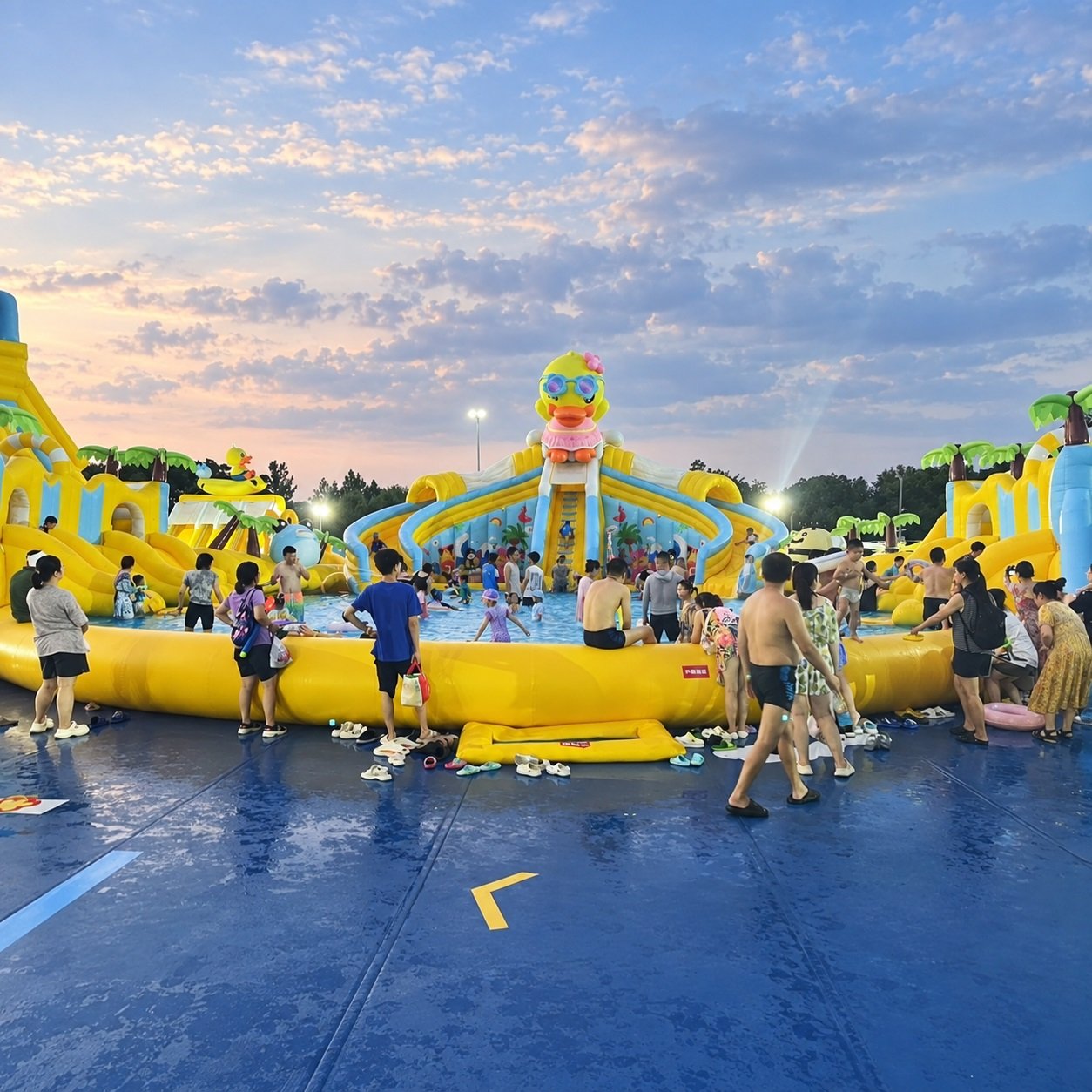 Yellow-bordered inflatable water park with families gathered around the pool