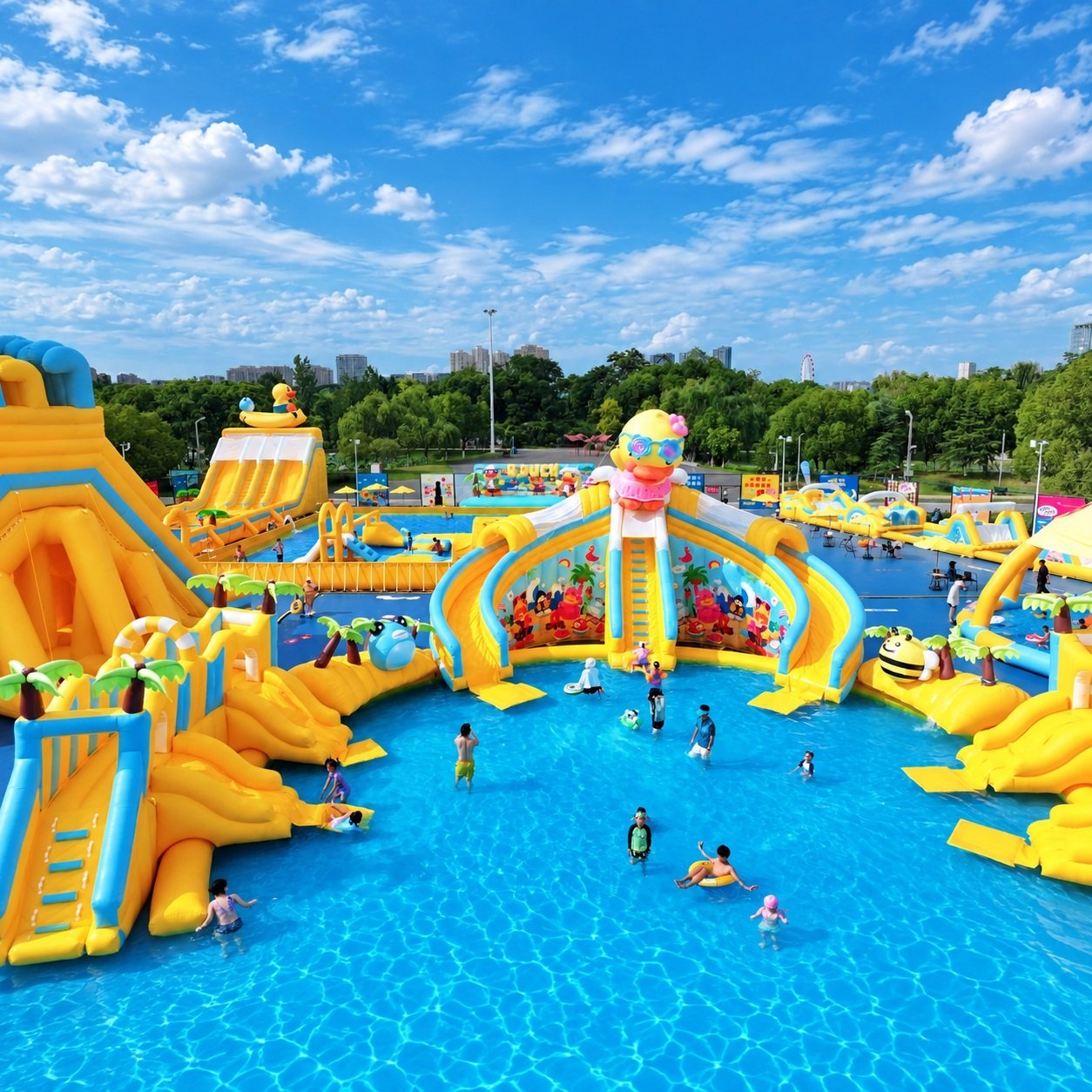 Yellow and blue inflatable water park with slides around a large pool