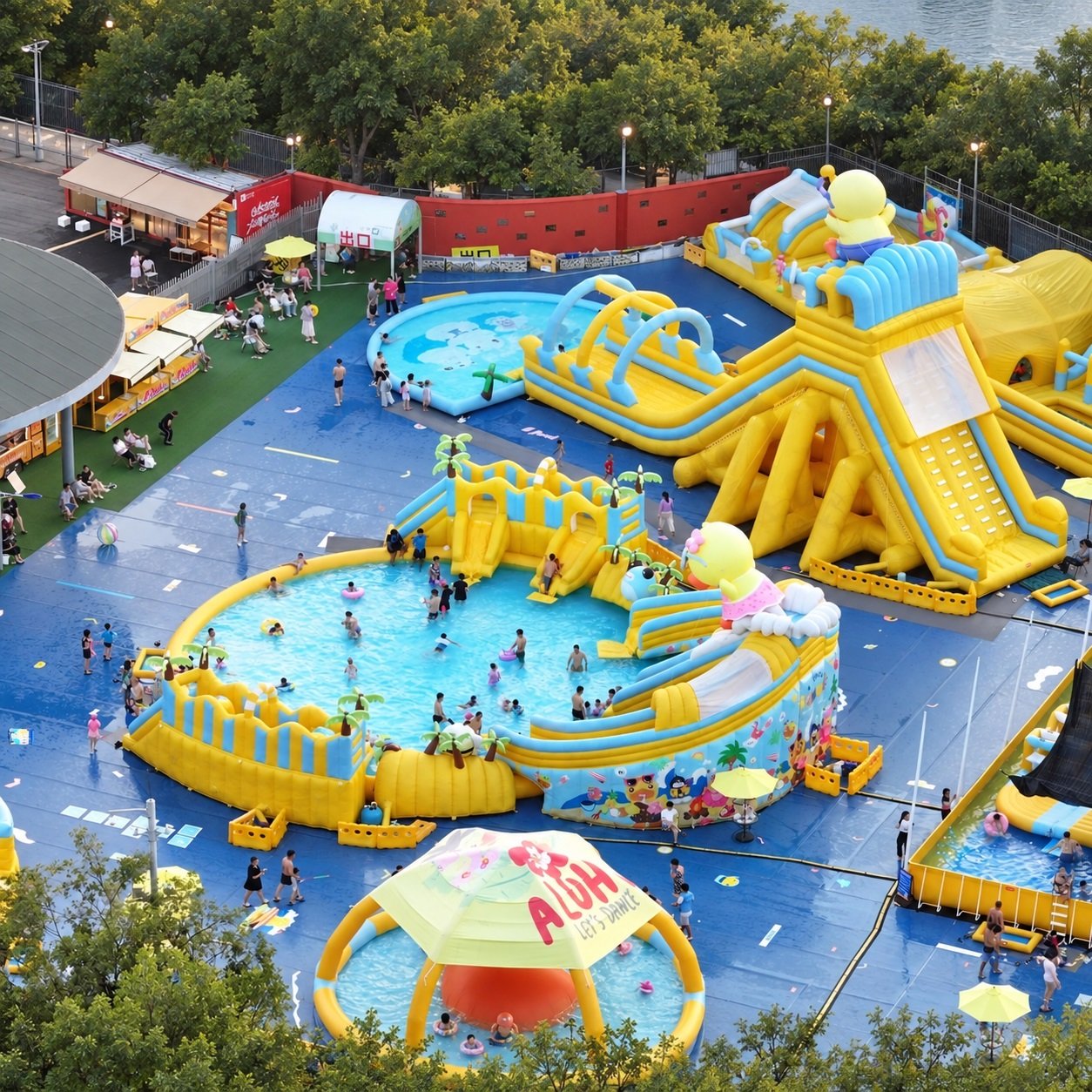 Aerial view of yellow inflatable pools and tall water slides