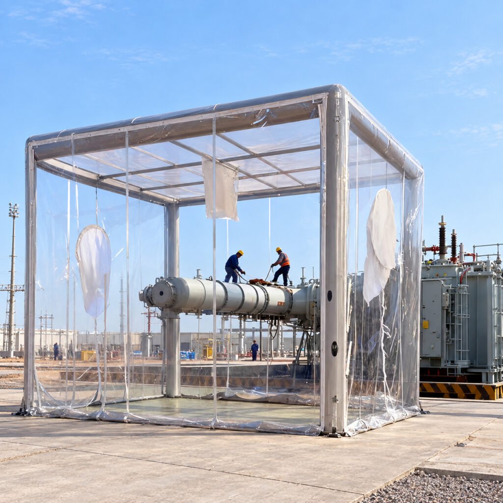Tall clear inflatable enclosure surrounding electrical equipment outdoors