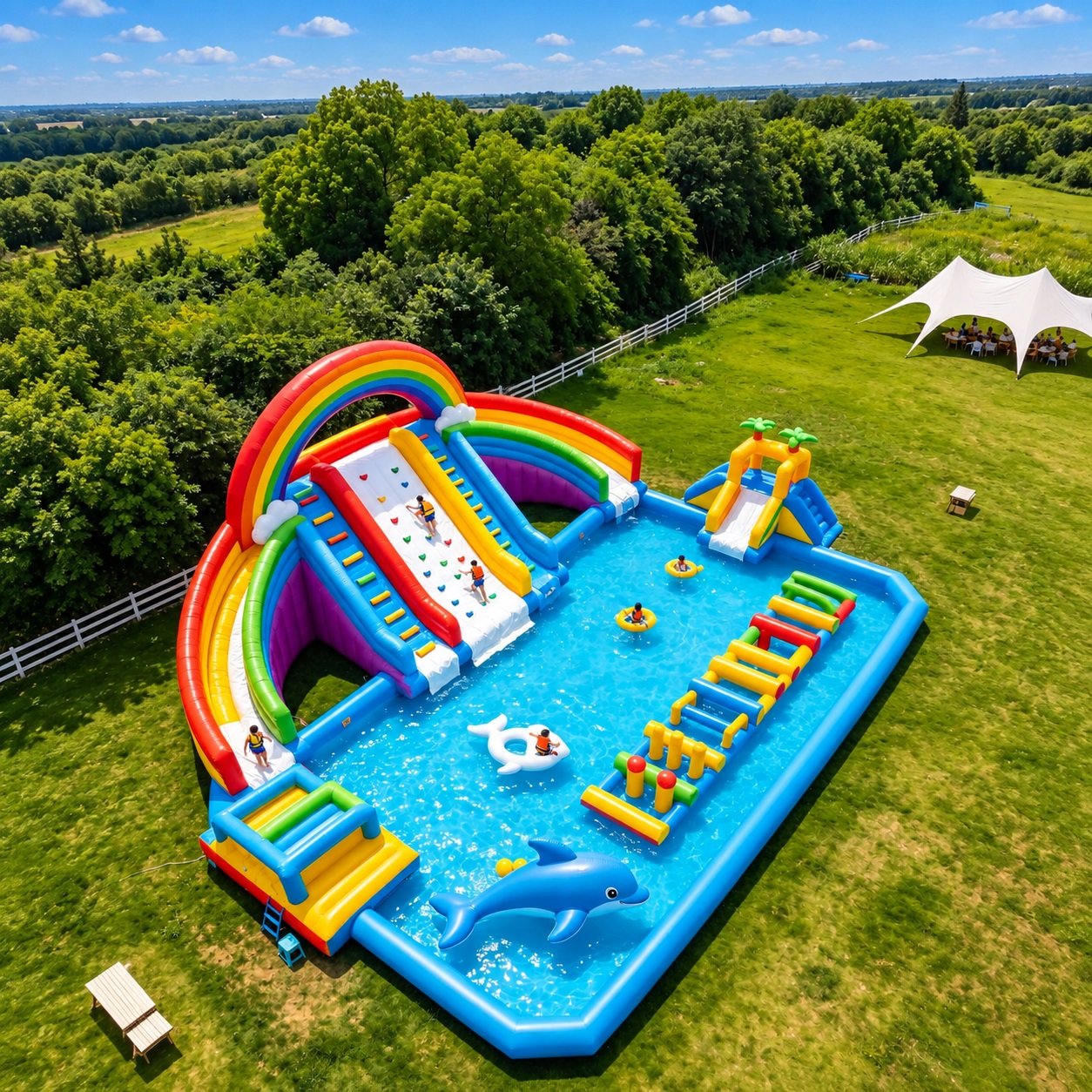 Rainbow-themed inflatable water play area with a climbing ramp and obstacles