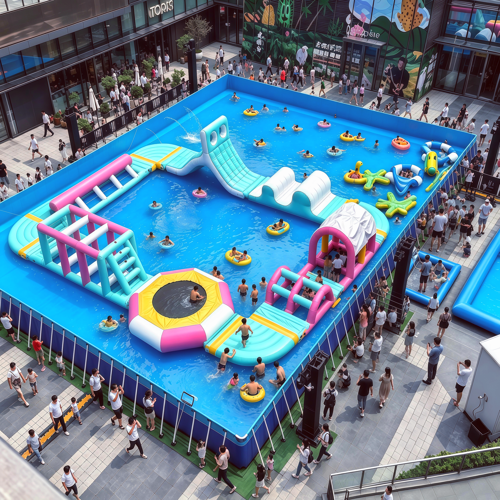Inflatable water obstacle park with colorful arches in a shopping plaza